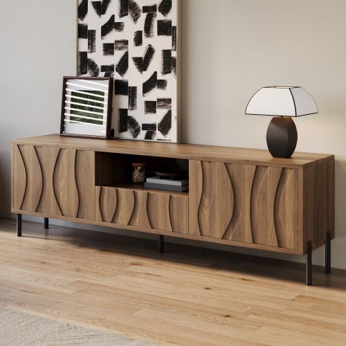 Meuble TV Moderne 160 Cm Avec 3 Portes, 1 Niche Ouverte, Couleur Bois