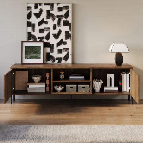 Meuble TV Moderne 160 Cm Avec 3 Portes, 1 Niche Ouverte, Couleur Bois