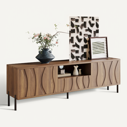 Meuble TV Moderne 160 Cm Avec 3 Portes, 1 Niche Ouverte, Couleur Bois