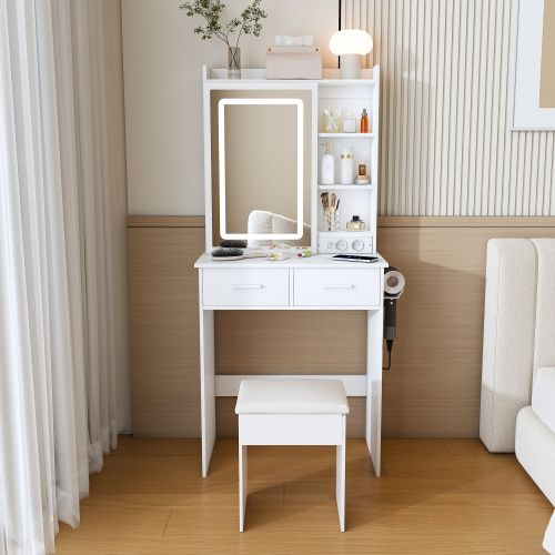 Petite Coiffeuse Blanche Avec Miroir, Tabouret, LED Réglable Et Prise, Pour Petite Chambre