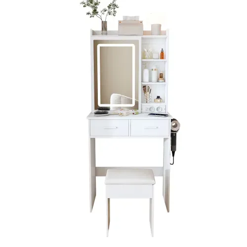 Petite Coiffeuse Blanche Avec Miroir, Tabouret, LED Réglable Et Prise, Pour Petite Chambre