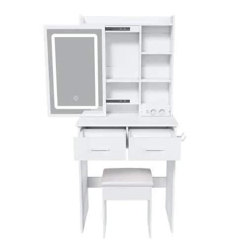 Petite Coiffeuse Blanche Avec Miroir, Tabouret, LED Réglable Et Prise, Pour Petite Chambre