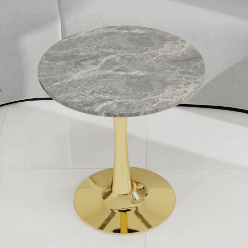 Bout de canapé Ronde En Marbre Artificiel Gris Veiné, Pieds Dorés