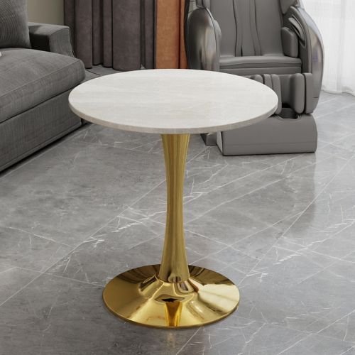 Table Basse Ronde Effet Marbre Blanc, Pieds Dorés