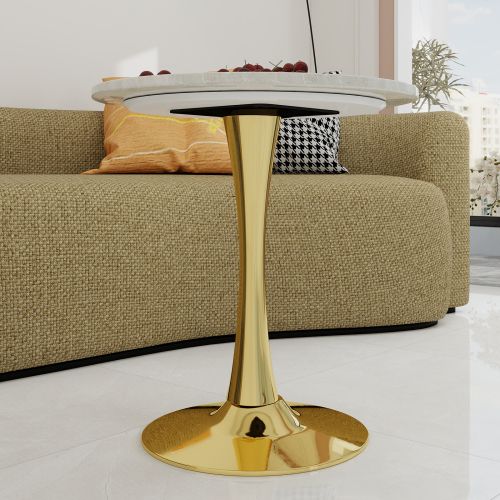 Table Basse Ronde Effet Marbre Blanc, Pieds Dorés
