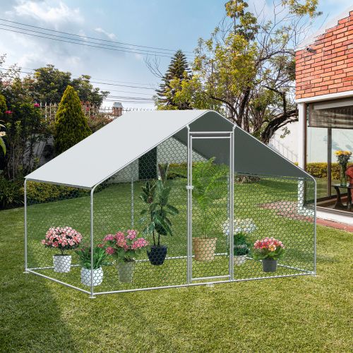 Enclos Poulailler En Métal 3 X 3 X 2 M Argent Avec Serrure, Filet Hexagonal Et Bâche Pe Imperméable