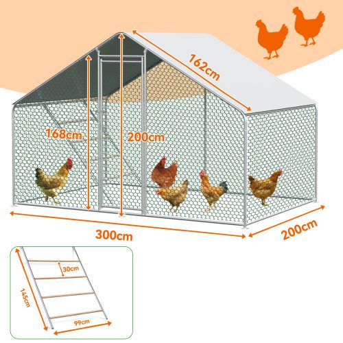 Enclos Poulailler En Métal 3 X 3 X 2 M Argent Avec Serrure, Filet Hexagonal Et Bâche Pe Imperméable