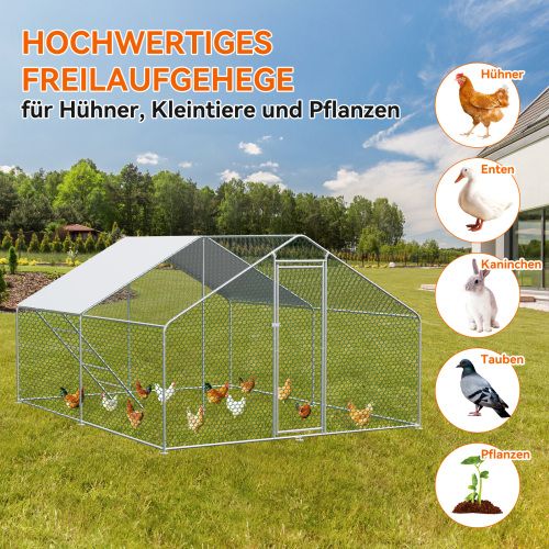 Enclos Poulailler En Métal 3 X 3 X 2 M Argent Avec Serrure, Filet Hexagonal Et Bâche Pe Imperméable