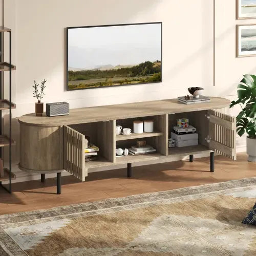 Meuble TV 160 Cm, Avec 2 Portes, Niche Ouverte, 5 Pieds, Couleur Bois