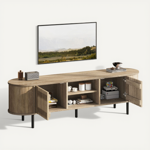 Meuble TV 160 Cm, Avec 2 Portes, Niche Ouverte, 5 Pieds, Couleur Bois