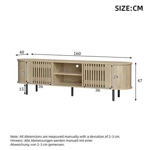 Meuble TV 160 Cm, Avec 2 Portes, Niche Ouverte, 5 Pieds, Couleur Bois