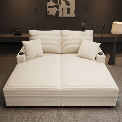 Canapé 2 Places En Velours Côtelé Avec USB, Porte-gobelets- Beige