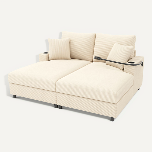 Canapé 2 Places En Velours Côtelé Avec USB, Porte-gobelets- Beige