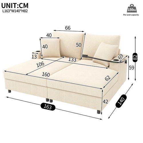 Canapé 2 Places En Velours Côtelé Avec USB, Porte-gobelets- Beige