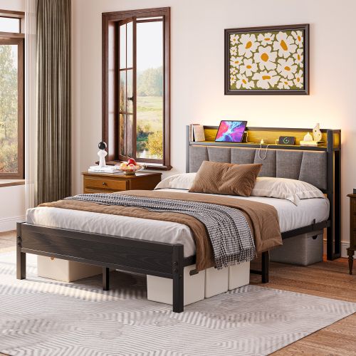 Lit Adulte 140x190 Cm Avec LED Et Tête De Lit De Rangement, En Métal, Noir