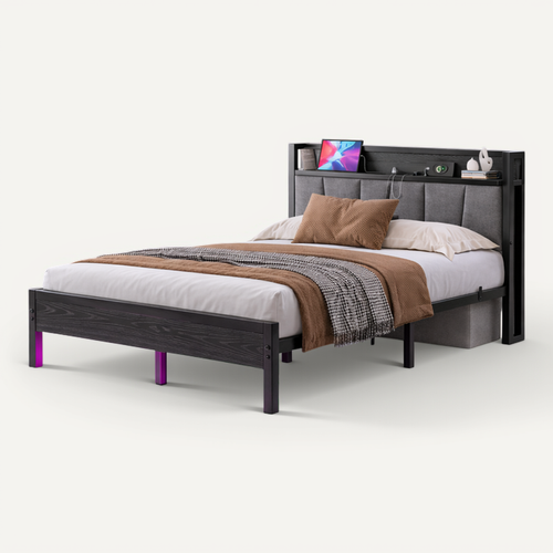 Lit Adulte 140x190 Cm Avec LED Et Tête De Lit De Rangement, En Métal, Noir