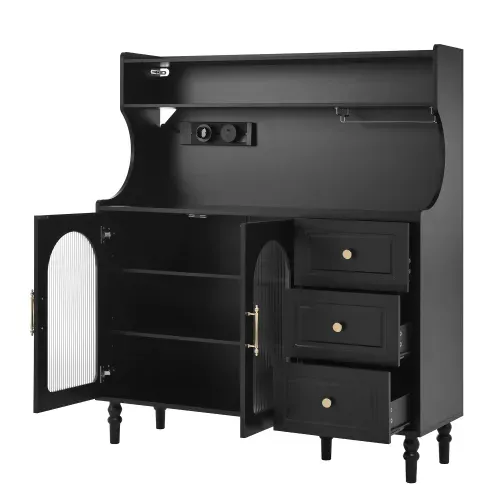 Buffet De Cuisine, Buffet Noir 120x40x138,5 Cm Avec 3 Tiroirs, Verre Strié, USB/type-c