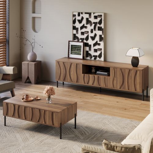 Sejour complet, Meuble TV 160 Cm Et Table Basse 105 Cm, Niche Ouverte, Couleur Bois