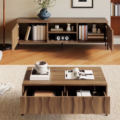Sejour complet, Meuble TV 160 Cm Et Table Basse 105 Cm, Niche Ouverte, Couleur Bois