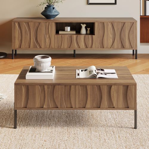 Sejour complet, Meuble TV 160 Cm Et Table Basse 105 Cm, Niche Ouverte, Couleur Bois