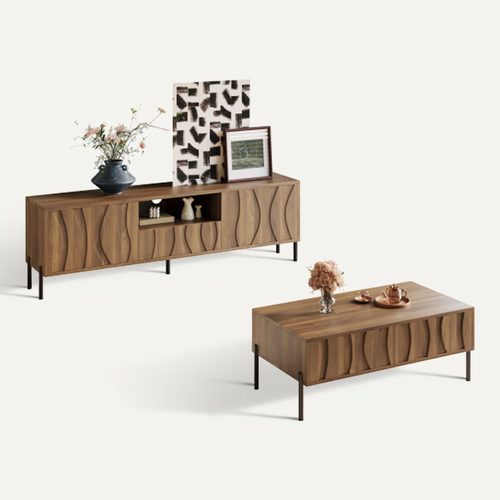 Sejour complet, Meuble TV 160 Cm Et Table Basse 105 Cm, Niche Ouverte, Couleur Bois