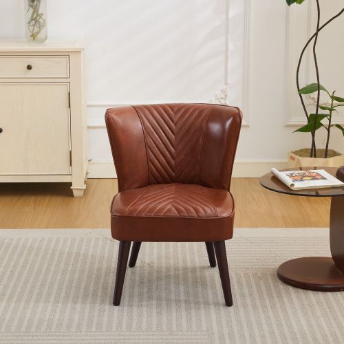 Fauteuil Fixe En Cuir, Piètement En Bois Massif, Marron