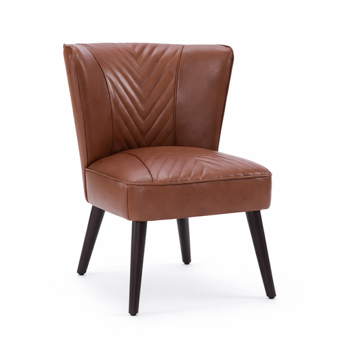Fauteuil Fixe En Cuir, Piètement En Bois Massif, Marron