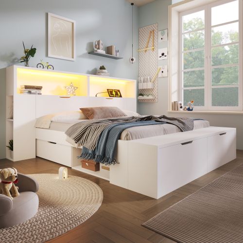 Lit Coffre 140x200 Cm Avec Sommier à Lattes Et Banc, LED, En Bois, Blanc