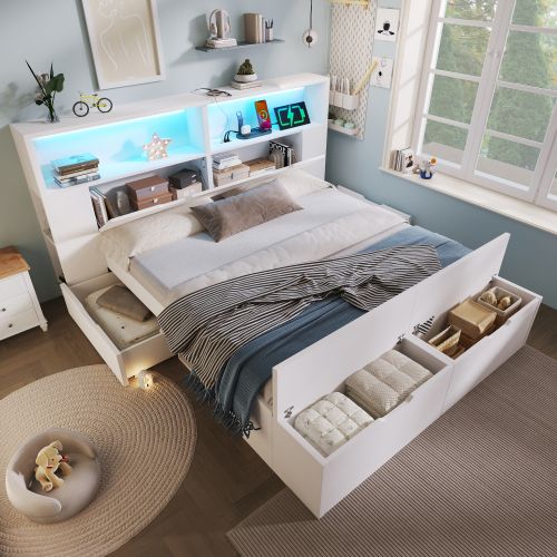 Lit Coffre 140x200 Cm Avec Sommier à Lattes Et Banc, LED, En Bois, Blanc