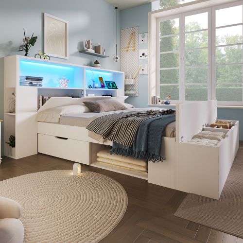 Lit Coffre 140x200 Cm Avec Sommier à Lattes Et Banc, LED, En Bois, Blanc