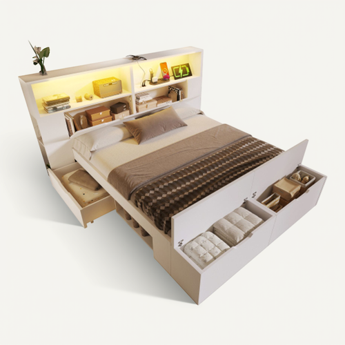 Lit Coffre 140x200 Cm Avec Sommier à Lattes Et Banc, LED, En Bois, Blanc
