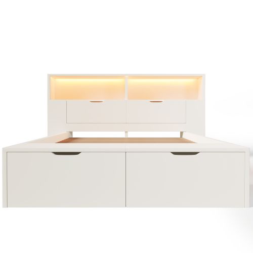 Lit Coffre 140x200 Cm Avec Sommier à Lattes Et Banc, LED, En Bois, Blanc