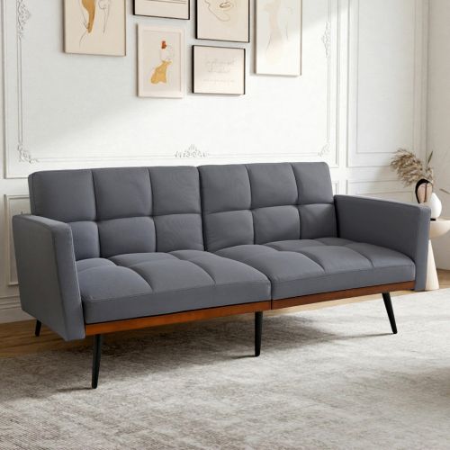 Canapé Convertible 160 Cm En Lin, Dossier 5 Positions, Accoudoirs Fixes, Pieds Métal, Gris