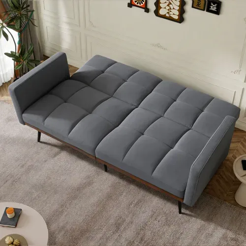 Canapé Convertible 160 Cm En Lin, Dossier 5 Positions, Accoudoirs Fixes, Pieds Métal, Gris