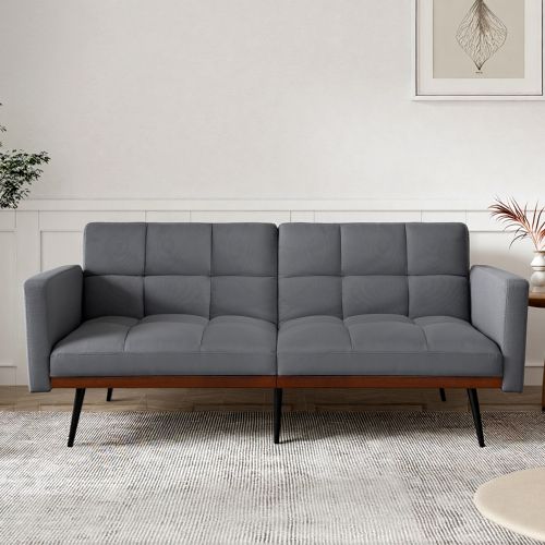 Canapé Convertible 160 Cm En Lin, Dossier 5 Positions, Accoudoirs Fixes, Pieds Métal, Gris