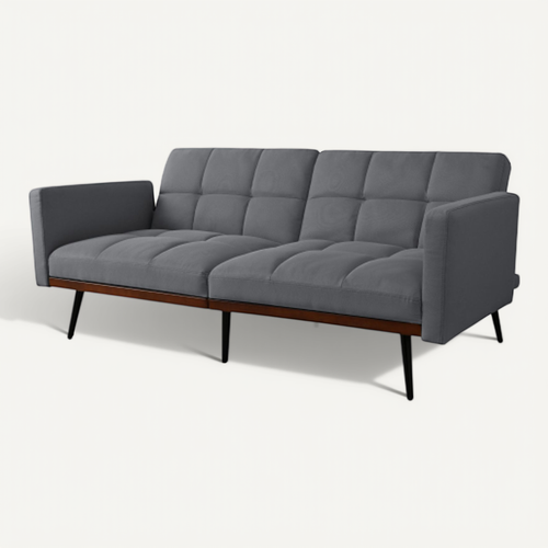 Canapé Convertible 160 Cm En Lin, Dossier 5 Positions, Accoudoirs Fixes, Pieds Métal, Gris