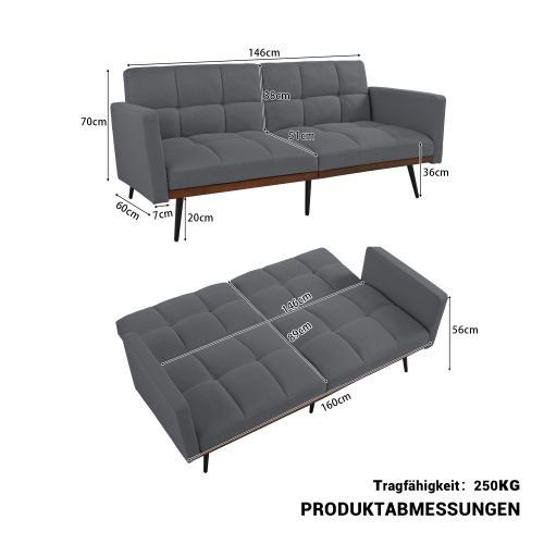 Canapé Convertible 160 Cm En Lin, Dossier 5 Positions, Accoudoirs Fixes, Pieds Métal, Gris