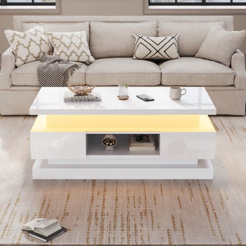 Table Basse Relevable Blanche 100 X 50 X 40 Cm Avec LED, 2 Tiroirs Et Rangement Caché
