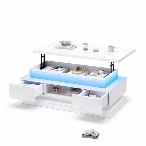 Table Basse Relevable Blanche 100 X 50 X 40 Cm Avec LED, 2 Tiroirs Et Rangement Caché