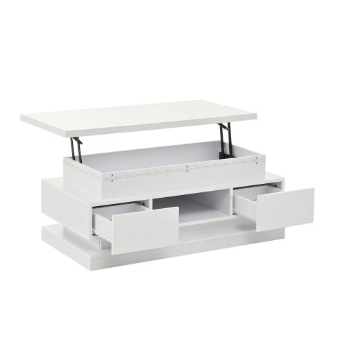 Table Basse Relevable Blanche 100 X 50 X 40 Cm Avec LED, 2 Tiroirs Et Rangement Caché