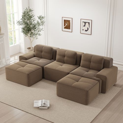 Canapé Modulable En U 3 Places En Velours Côtelé Marron