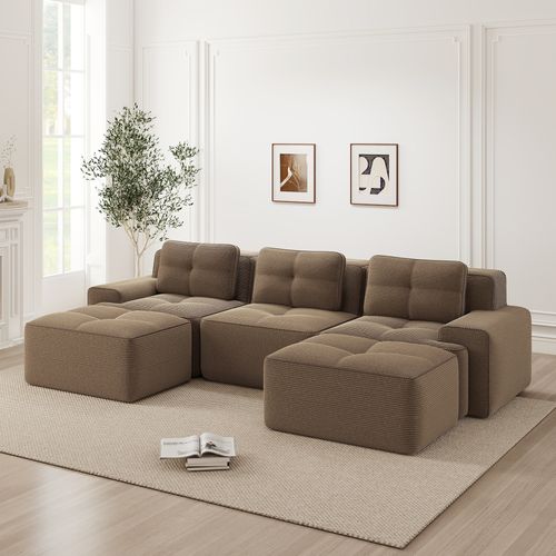 Canapé Modulable En U 3 Places En Velours Côtelé Marron