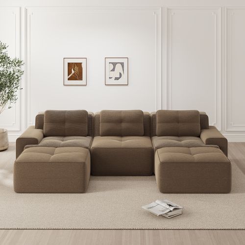 Canapé Modulable En U 3 Places En Velours Côtelé Marron