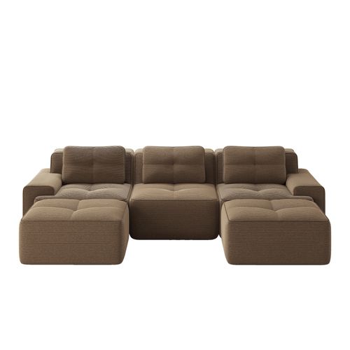 Canapé Modulable En U 3 Places En Velours Côtelé Marron