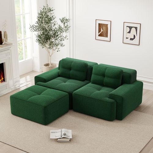 Canapé D’angle Modulable En Velours Côtelé Vert Avec Méridienne