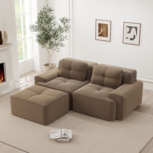 Canapé D’angle Modulable En Velours Côtelé Marron Avec Pouf