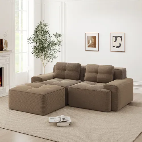 Canapé D’angle Modulable En Velours Côtelé Marron Avec Pouf
