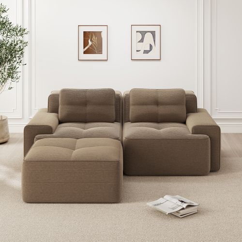 Canapé D’angle Modulable En Velours Côtelé Marron Avec Pouf