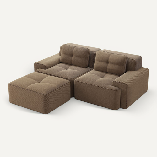 Canapé D’angle Modulable En Velours Côtelé Marron Avec Pouf