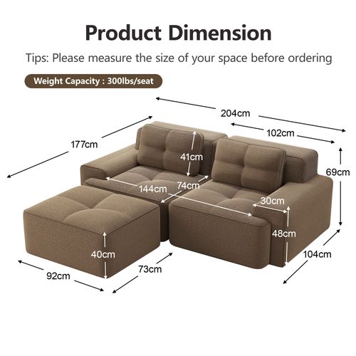 Canapé D’angle Modulable En Velours Côtelé Marron Avec Pouf